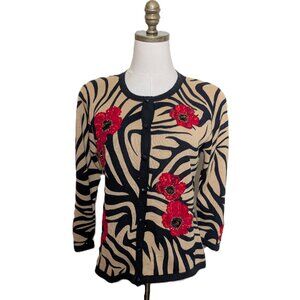Vintage Jack B Quick Sequin Floral Animal Print Cardigan Size S Brown Red
